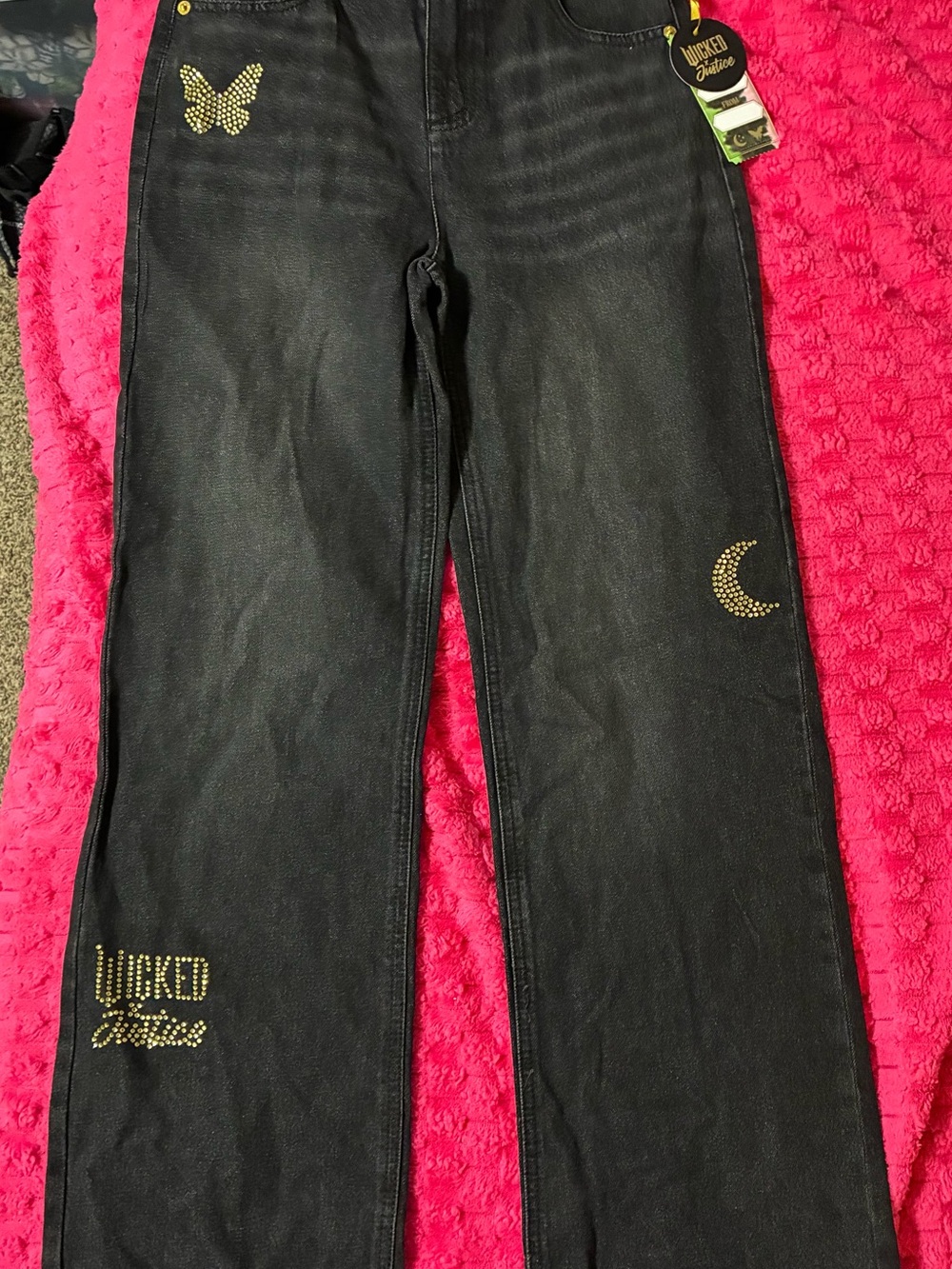 Justice Black baggy Straight-Leg Jeans with Gold Stud Accents